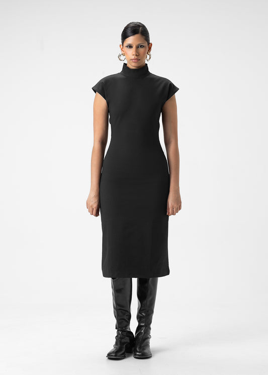 HIGH NECK CAP SLEEVE MIDI DRESS