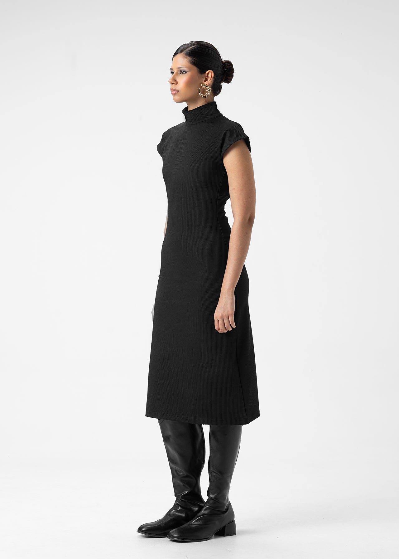 HIGH NECK CAP SLEEVE MIDI DRESS