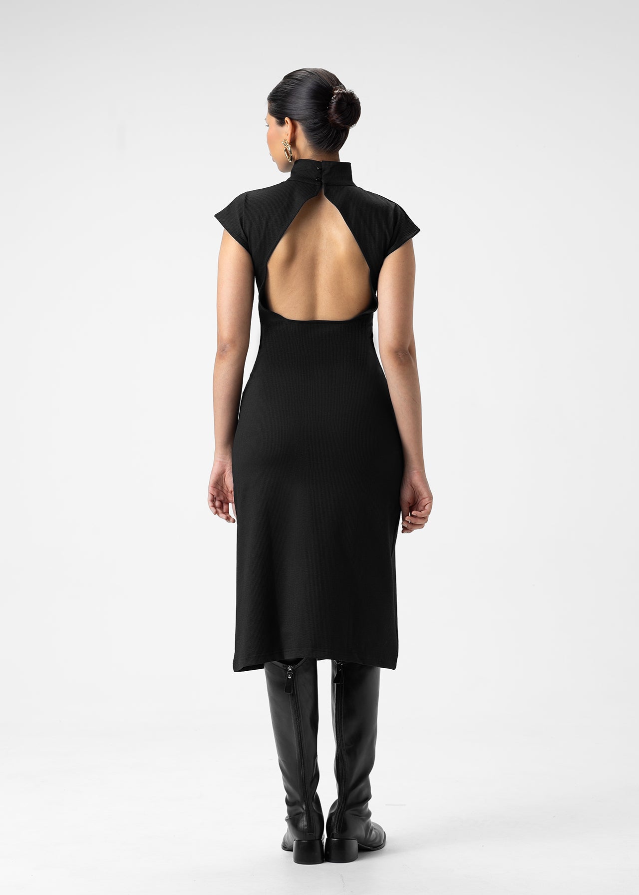 HIGH NECK CAP SLEEVE MIDI DRESS