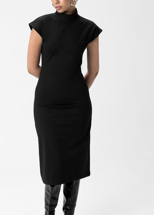 HIGH NECK CAP SLEEVE MIDI DRESS