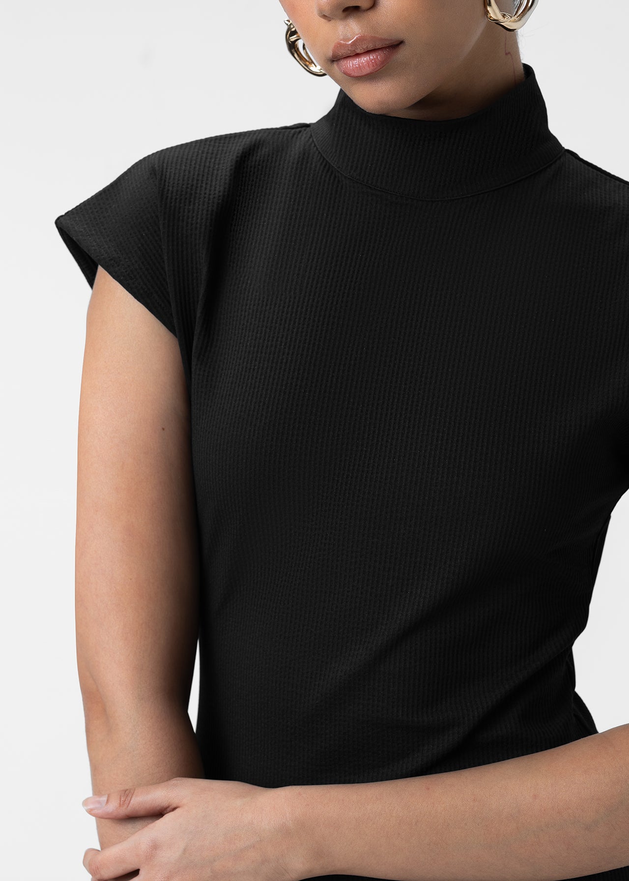 HIGH NECK CAP SLEEVE MIDI DRESS