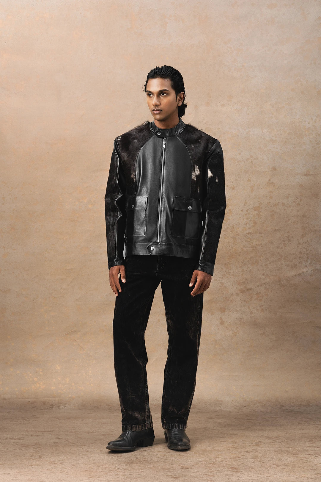 FAUX FUR PANEL LEATHER JACKET