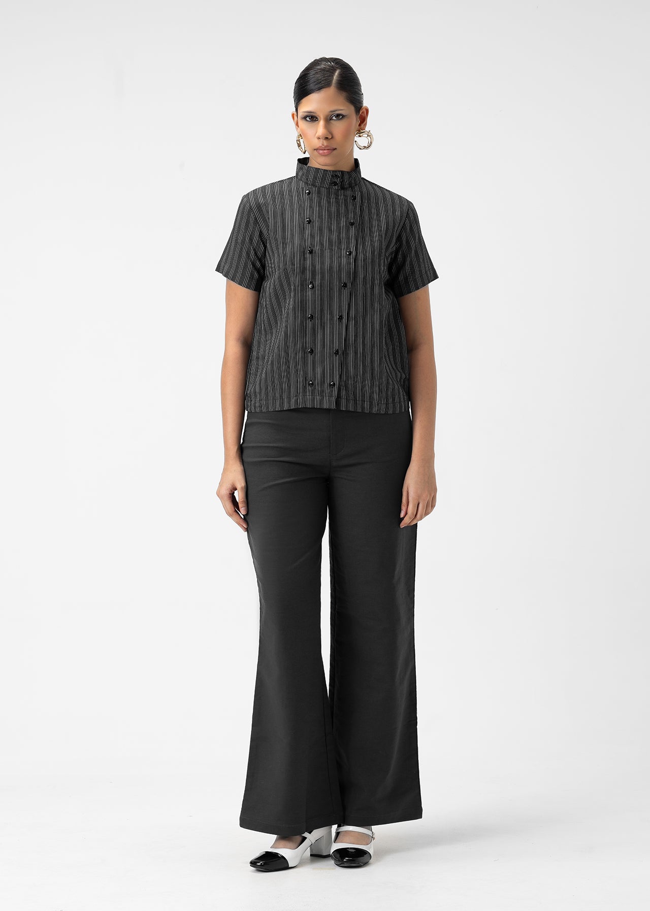 STRIPED MANDARIN COLLAR SHIRT