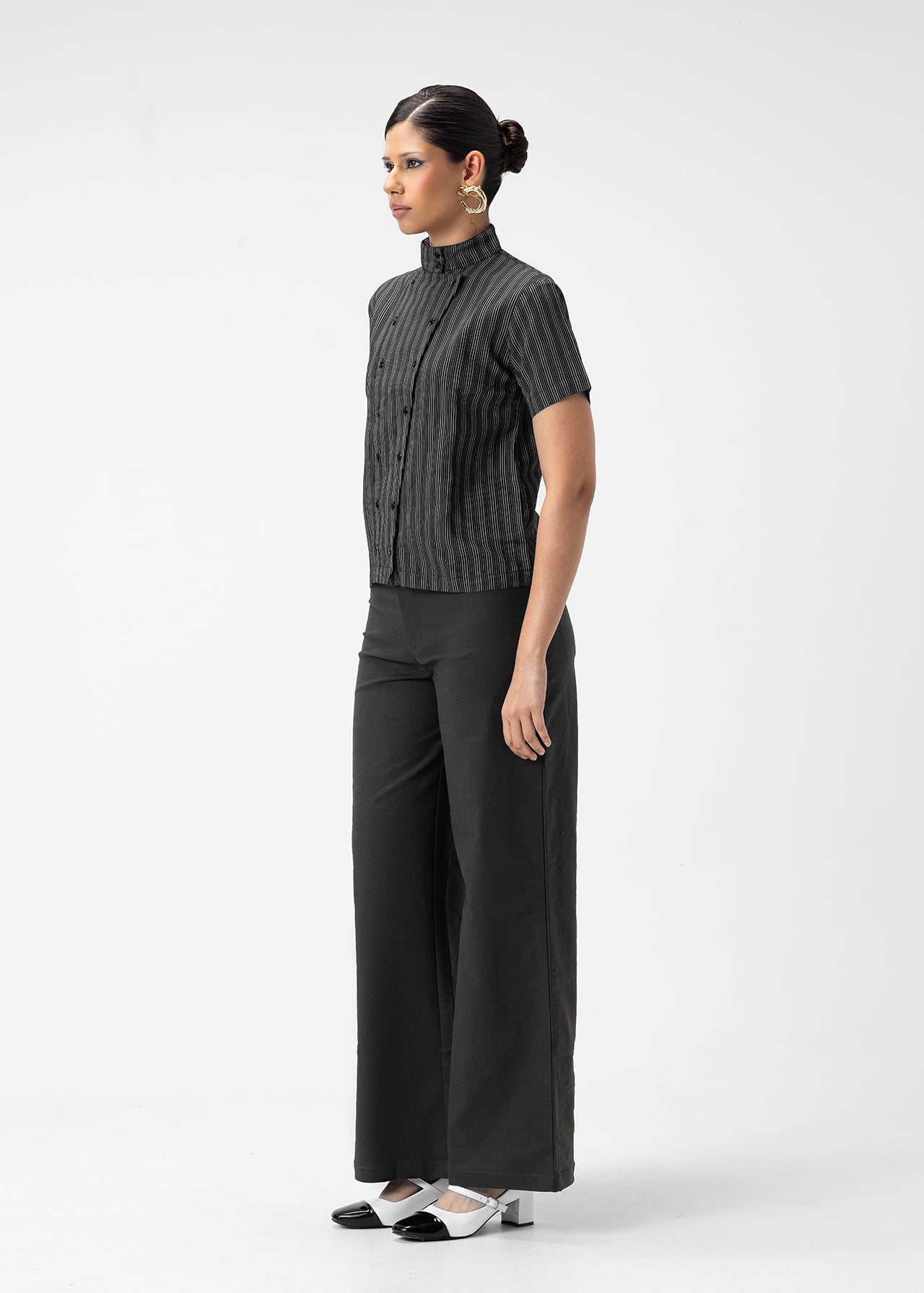 STRIPED MANDARIN COLLAR SHIRT