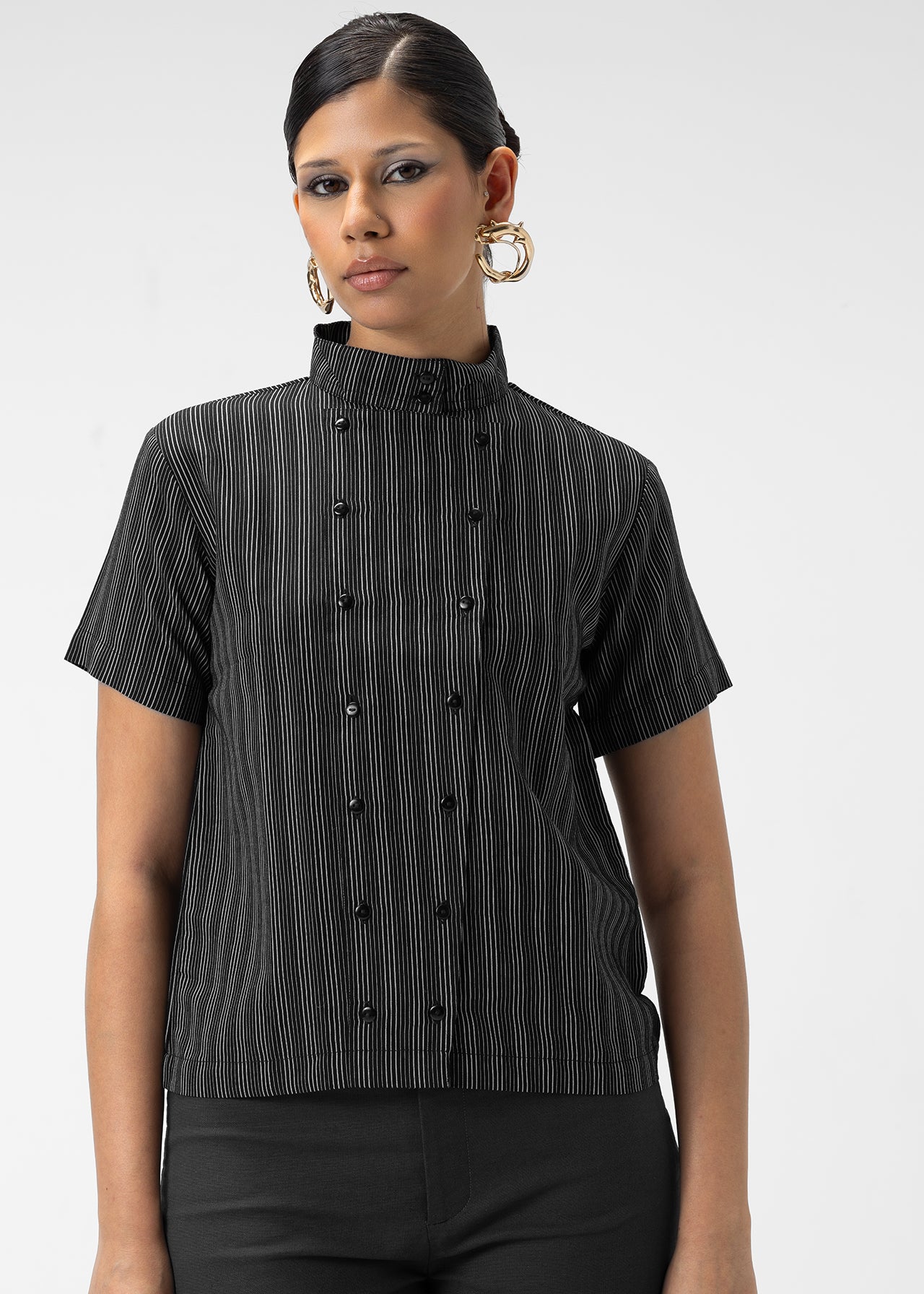STRIPED MANDARIN COLLAR SHIRT