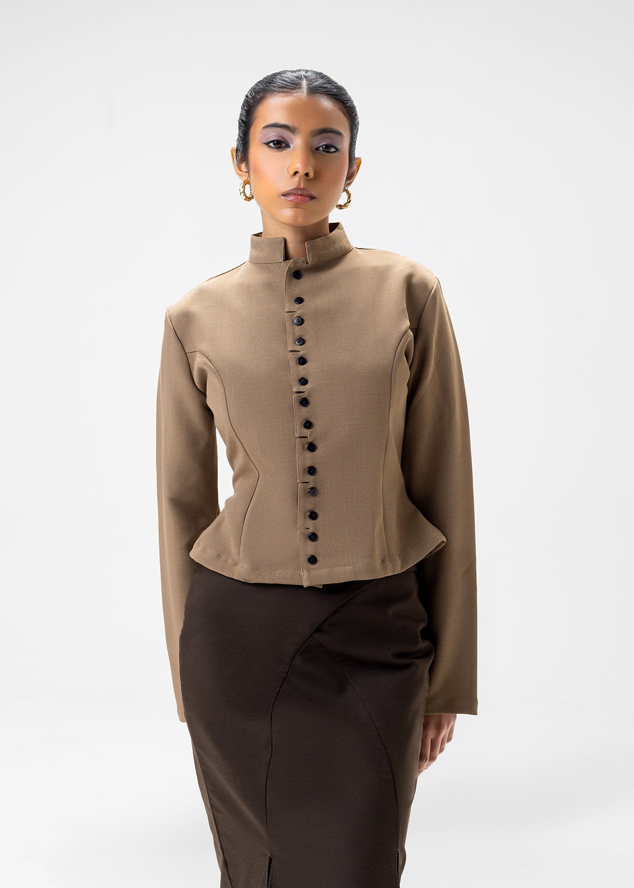 MANDARIN COLLAR  STRUCTURED SNAP TOP