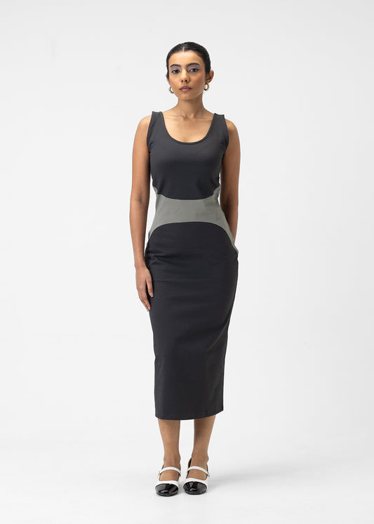 COLOUR BLOCK SCOOP NECK MIDI DRESS