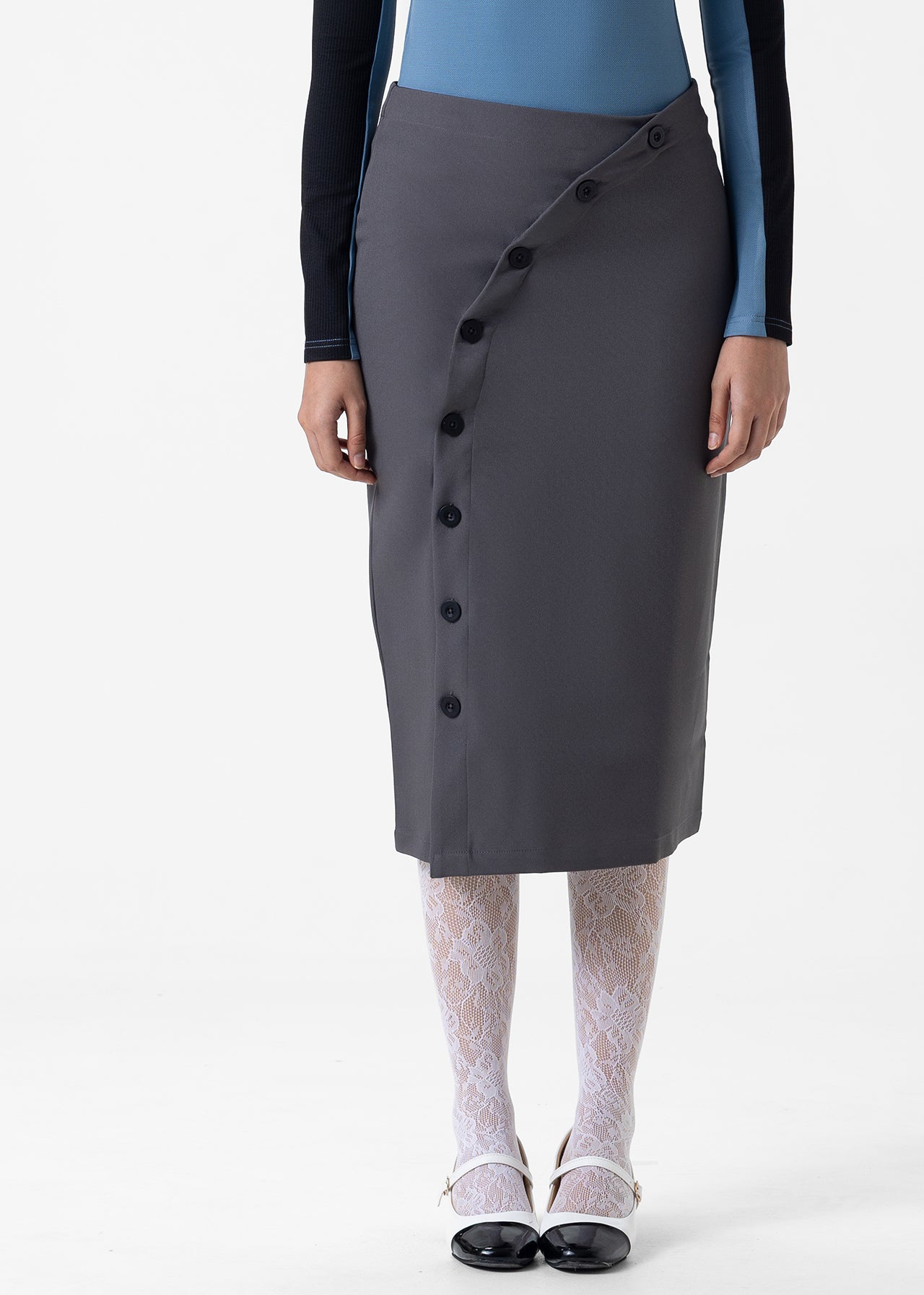 ASYMMETRIC BUTTON MIDI SKIRT