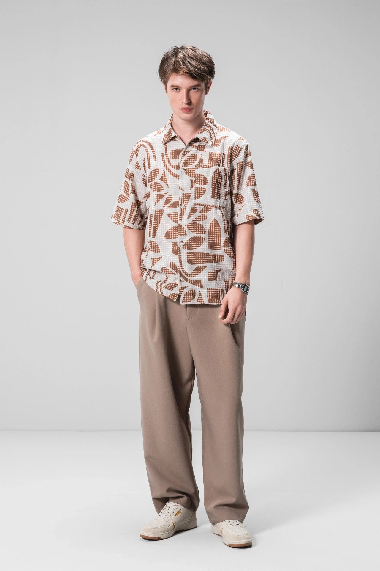 BEIGE TEXTURED PRINT SHIRT
