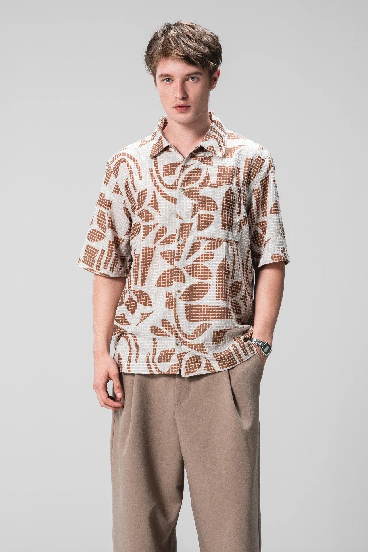 BEIGE TEXTURED PRINT SHIRT
