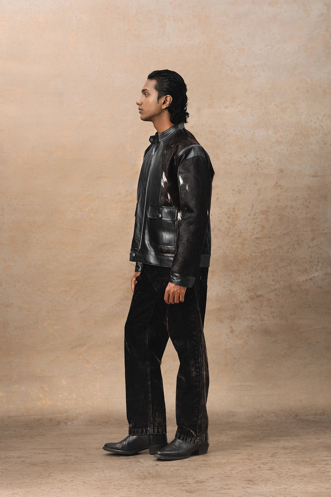 FAUX FUR PANEL LEATHER JACKET