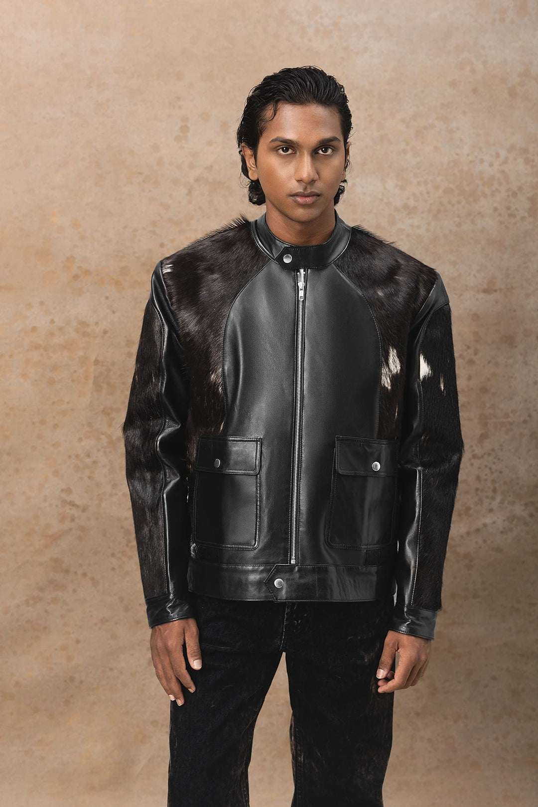 FAUX FUR PANEL LEATHER JACKET